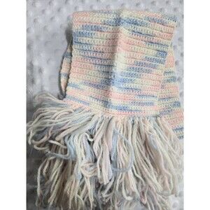 Vintage Handmade Crochet Neck Scarf Pastel Baby Blue Pink Granny Fringe White